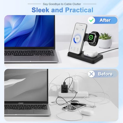 Wireless Charging Station for Apple Devices, 3 in 1 Foldable Charger Stand - color: 1 Black
