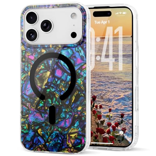 for iPhone 17 Pro Max Cute Girly Women Case Sparkle Seashell,Black | Compatible with Magsafe Slim Colorful Sparkle Seashell Pattern Translucent Cover Soft TPU Protective Magnetic Bumper Case - color: Black, size: iPhone 17 Pro Max