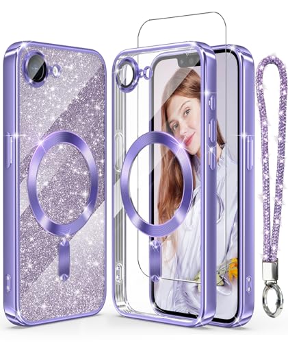 Magnetic Plated Gold Clear TPU Phone Case for iPhone 17e/16e-Purple | Luxury Slim Soft Cover with [Glitter Card&Wrist Strap] [Screen Protector&Camera Lens Protector] for 17e/16e ﻿ - color: Light Purple