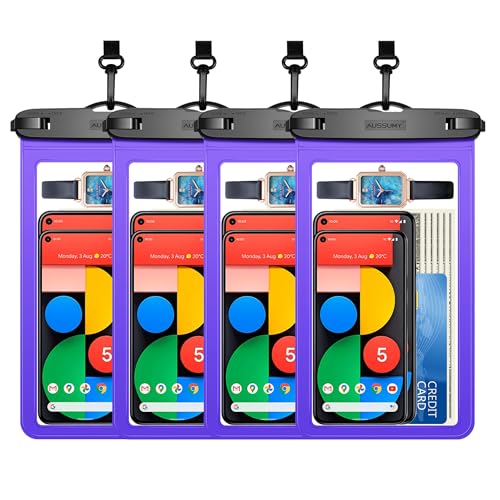 4 Pack 10.5“ Large Waterproof Phone Pouch - Underwater Clear Cell Holder - Universal Water Proof Dry Bag with Neck Lanyard for iPhone 16 Pro Max Samsung Galaxy with Heavy Case for Beach Swimming Pool - color: 4 Purple