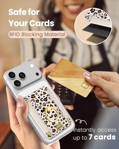 Shorogyt Compatible with Magsafe Wallet with Ring Grip Magnetic Card Holder - Cute Phone Wallets with Stand for iPhone 17/16/15/14/13/12 Series for Women Girls White Leopard Design, Fit 7 Cards - color: White Leopard