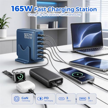 165W GaN Charging Station, 6-Port Desk Charging Station, Navy Blue - color: Navy Blue