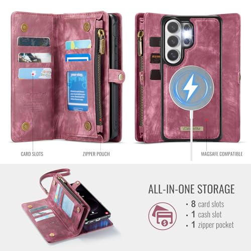 Compatible with Samsung Galaxy S26 Ultra Wallet Case with Magsafe with Zipper & Card Holder Strap Wristlet Detachable Magnetic Protective Back Case for Galaxy S26 Ultra 5G 6.9 Inch (Red) - color: (Detachable and Magsafe)-Red, size: S26 Ultra 6.9 Inch