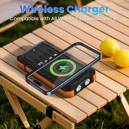 Solar Power Bank 49800mAh - Wireless Portable Charger 15W Fast Charging with 4 Built-in Cables. Equipped with a Powerful Flashlight, IP65 Outdoor Waterproof Power Bank Perfect for Camping, Hiking