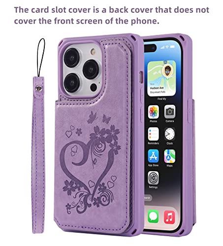 iCoverCase Compatible with iPhone 14 Pro Wallet Phone Case with Card Holder for Women, RFID Blocking Embossed PU Leather Wrist Strap Case 6.1 Inch (Heart Purple) - color: H-Purple