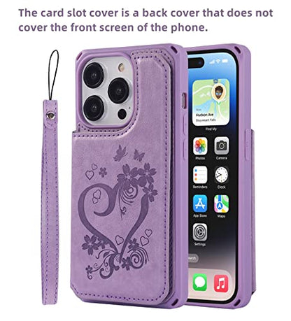 iCoverCase Compatible with iPhone 14 Pro Wallet Phone Case with Card Holder for Women, RFID Blocking Embossed PU Leather Wrist Strap Case 6.1 Inch (Heart Purple) - color: H-Purple