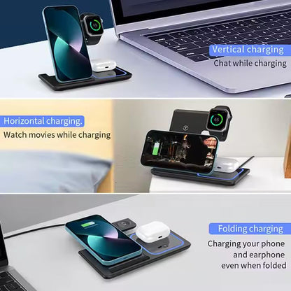 Foldable 3 in 1 Fast Charging Station for Apple Products, iPhone 17 16 15 14 13 12 Pro Max, Travel Dock Adapter & Light for i-Watch Series 11 10 9 Ultra 3/2 SE 3/2,for AirPods 4 3 2 Pro 3/2 (Black) - color: BLACK