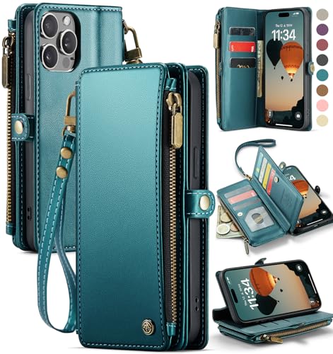 Defencase for iPhone 14 Pro Max Wallet Case with RFID Card Holder, Green | Durable Soft PU Leather, with Zipper Pocket, Wrist Strap, Fashion Snap Flip Phone Cases Cover with Stand for Women and Men - color: Blue Green