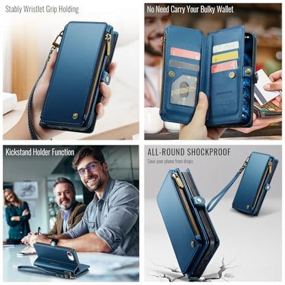 Defencase for iPhone 17E & 16E Wallet Phone Case with Card Holder, DarkBlue | Durable Soft PU Leather, with RFID Blocking Zipper Pocket, Strap, Magnetic Snap Flip Cases Cover with Stand for Women Men - color: Dark Blue