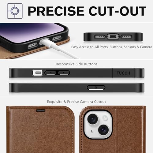 TUCCH Case Wallet for iPhone 14 (6.1") 2022, RFID Blocking Folio, Brown | 4 Card Holders, Kickstand, PU Leather, Magnetic Closure, Shockproof TPU Shell, Protective Flip Cover - color: Brown
