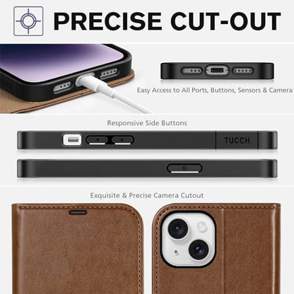 TUCCH Case Wallet for iPhone 14 (6.1") 2022, RFID Blocking Folio, Brown | 4 Card Holders, Kickstand, PU Leather, Magnetic Closure, Shockproof TPU Shell, Protective Flip Cover - color: Brown