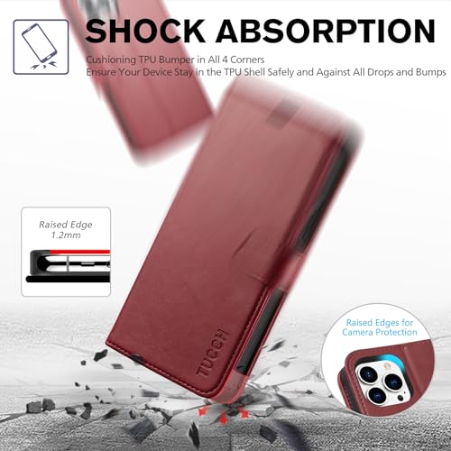 TUCCH Case Wallet for iPhone 13 Pro (6.1"), RFID Blocking Folio, Dark Red | 3 Card Holders, Kickstand, PU Leather, Magnetic Closure, Shockproof TPU Shell, Protective Flip Cover - color: Dark Red