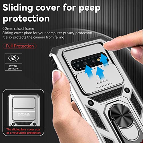 for Samsung Galaxy S10 Plus Case with Camera Lens Cover HD Screen Protector, Military-Grade Drop Tested Magnetic Ring Holder Kickstand Protective Phone Case for Samsung Galaxy S10+ Plus (Silver) - color: Silver with camera cover Military-Grade 2nd gen