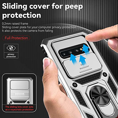 for Samsung Galaxy S10 Plus Case with Camera Lens Cover HD Screen Protector, Military-Grade Drop Tested Magnetic Ring Holder Kickstand Protective Phone Case for Samsung Galaxy S10+ Plus (Silver) - color: Silver with camera cover Military-Grade 2nd gen