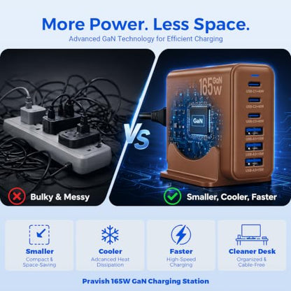 165W GaN Charging Station, 6-Port Desk Charging Station, Brown - color: Brown