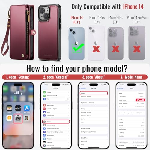 Defencase for iPhone 14 Phone Case Wallet Compatible with Magsafe, Wine Red | Magnetic Detachable, Drop-Proof Protective Wallet Cases Cover, with RFID Bolcking Card Holder, Zipper Strap, Soft PU Leather - color: (Detachable with Magsafe)-Wine Red