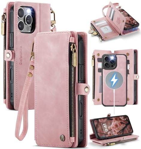 Defencase for iPhone 16 Pro Max Case Wallet Compatible with Magsafe, Pink | Drop-Proof Magnetic Detachable Phone Cases Cover, with RFID Bolcking Card Holder, Zipper Strap, PU Leather, Removable Wallet - color: (Detachable with Magsafe)-Pink