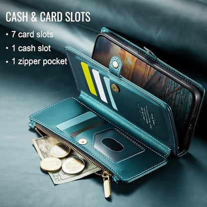 Defencase for iPhone 13 Wallet Case with RFID Blocking Card Holder, Green | Durable Soft PU Leather, with Zipper Pocket, Wrist Strap, Fashion Snap Flip Phone Cases Cover with Stand for Women and Men - color: Blue Green