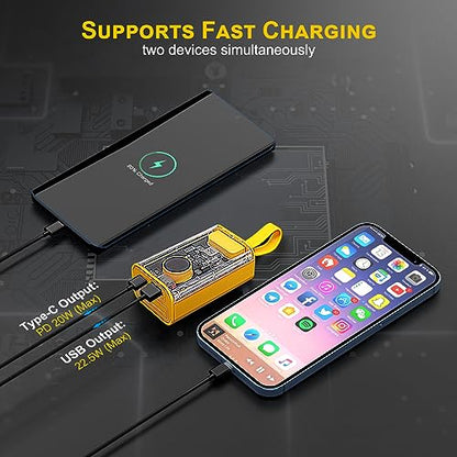 Portable Charger 10000mAh,22.5W Fast Charging Small Power Bank,Transparent External Battery Pack,Input/Output External USB C Portable Phone Charger for iPhone iPad Samsung Android Cellphone (Yellow) - color: Yellow