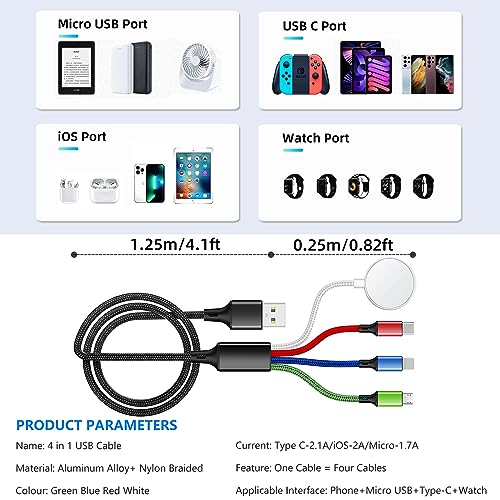 2Pack 5FT 4 in 1 for Apple Watch Charger iPhone Charger,Multi Charging Cable USB C Micro iWatch Charger Compatible with iWatch Ultra Series 10/9/8/7/6/SE/5/4/3,iPhone 16/15/14/13/12,Galaxy Android - size: 5ft+5ft