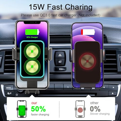 Wireless Car Charger Mount, Dual Coil 15W Fast Charging Holder with Auto Smart Sensor Clamping and LED Ambient Light, Upgraded Phone Holder for Cars
