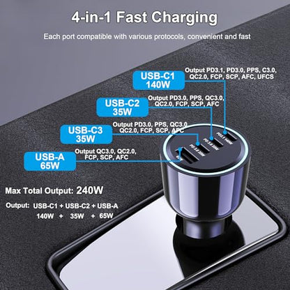 240W USB C Car Charger, Super Fast Charging 4-Ports PD3.1 140W/PD3.0 100W PPS 45W QC65W Type-C Car Adapter for MacBook Pro Laptop iPhone 16 15 Max iPad Samsung Galaxy S24/23 Pixel etc
