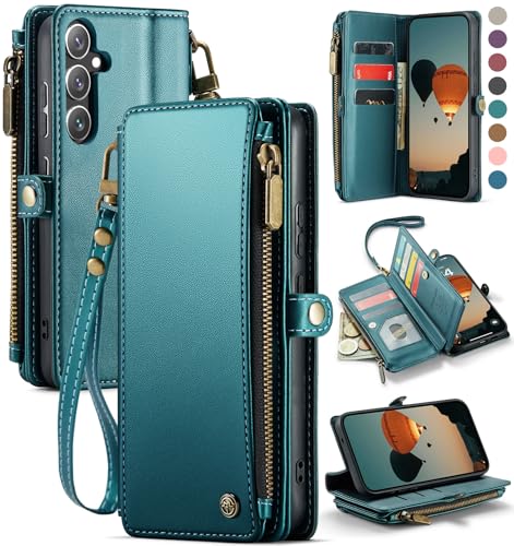 Defencase for Samsung Galaxy S25+/Plus Wallet Case with Card Holder, Green | with RFID Blocking Zipper Pocket, Durable PU Leather, Wrist Strap, S25 Plus Flip Phone Cases Cover with Stand for Women Men - color: Blue Green