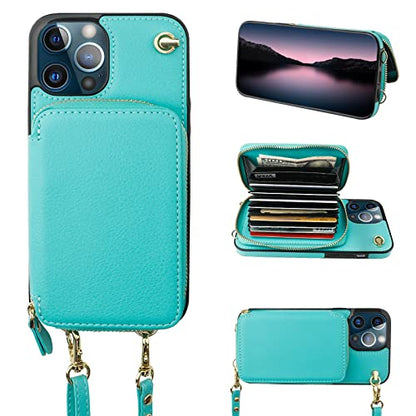 Bocasal Multi-Slot Crossbody Wallet Case for iPhone 12 Pro Max, Mint Green | RFID Blocking PU Leather Purse Case with Card Holder, Handbag Flip Cover with Zipper Wrist Strap Lanyard for Women 6.7 Inch - color: Green