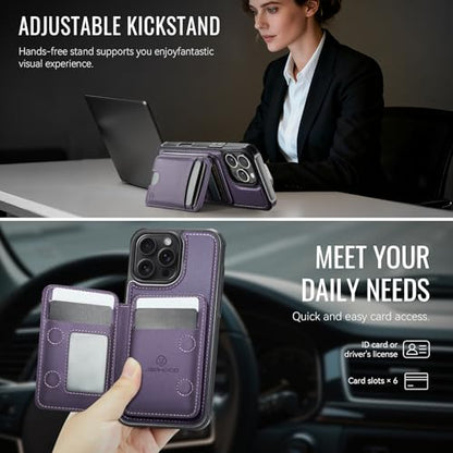 WJX for iPhone 16 Pro MagSafe Wallet Case, 2-in-1 Detachable Luxury Card Holder, Universal MagSafe Compatible, RFID Blocking, Shockproof Kickstand Slim Cover， Grape Purple - color: Grape purple, size: iPone 16 Pro