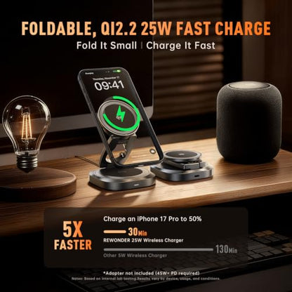 REWONDER 3-in-1 Qi2.2 25W Fast Wireless Charging Station for iPhone - color: Black