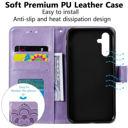 EYZUTAK Case for Samsung Galaxy A15 4G/5G, Premium Leather Magnetic Closure Flip Wallet Phone Case with Card Holder Cash Slot Stand Function Embossed Mandala Flower Shockproof Lanyard Cover - Purple - color: Purple, size: Samsung Galaxy A15 4G/5G