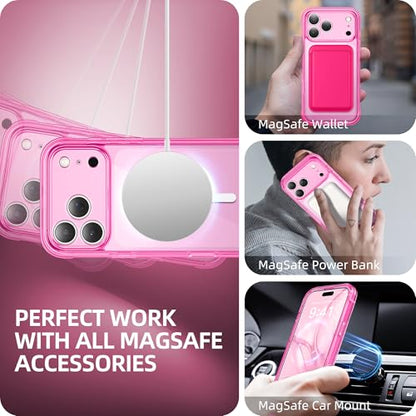 BERFY for iPhone 17 Pro Case, Compatible with MagSafe, Built-in Glass Screen Protector, Camera Protection, Shockproof Full Body Phone case 6.3", Clear Bright Pink
