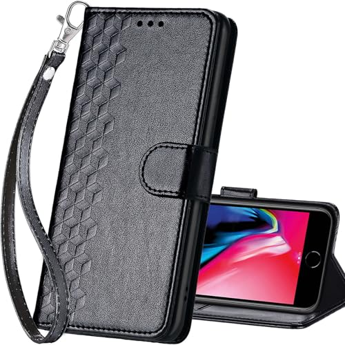 for iPhone SE 2022/7/8/SE 2020 Wallet case, Black-Cube | 3 Card Holders, Kickstand, Shockproof TPU Shell, PU Leather, Magnetic Closure, Protective Flip Folio Cover, Women - color: 4
