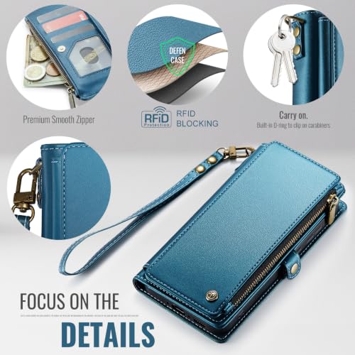 Defencase for Samsung Galaxy A37 5G Wallet Case with Card Holder, Dark Blue | RFID Blocking, Zipper Pocket, Durable PU Leather, Wrist Strap, Fashion Snap Flip Phone Cases Cover with Stand for Women Men - color: Dark Blue