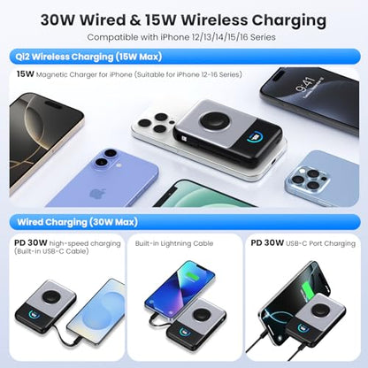 Magnetic Portable Charger 10800mAh with Built-in Cables, 15W Wireless Power Bank for Magsafe,30W PD Fast Charging USB-C Travel Essential Battery Pack for iPhone 17/16/15/14/13/12 Series