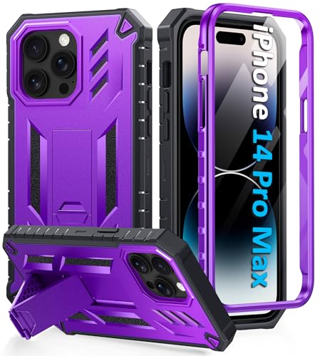 FNTCASE for iPhone 14 Pro Max Case, Built-in Screen Protector, Kickstand | 20FT Military-Grade Drop Protection, Anti-Slip Matte Textured, Rugged Heavy Duty Shockproof TPU Protective Cover - color: Kickstand Purple
