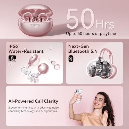 Kinglucky Jewelry-Inspired Clip-On Earbuds with Bow Earrings, Comfortable Fit & 50H Playtime Open Ear Bluetooth 5.4 Wireless Headphones for Women, Small Ears, Sports & Workouts (Pink)