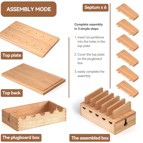 KIRIGEN Wood Charging Station Rack Organizer for Multiple Devices Desktop Organizer with 5 Ports for Cell Phones, Tablets, Earphones Wooden Cable Management DDXH-NA