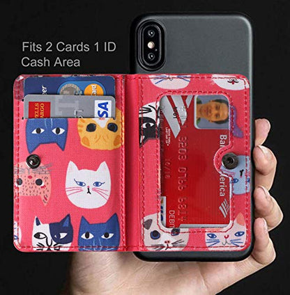 ID Card Holder for Back of Phone Leather Phone Wallet Stick On with Stand Flip Waterproof Leather Adhesive Wallet for Most Cellphones (Red Cat) - color: Red Cat