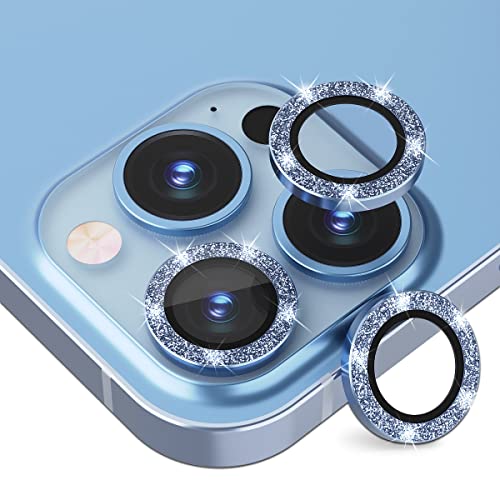 Suoman 3-Pack for iPhone 13 Pro 6.1 inch / 13 Pro Max 6.7 inch Camera Lens Protector, 9H Hardness Tempered Glass Film, [Glitter diamonds] Individual Metal Protective Cover - Far Peak Blue - color: Blue