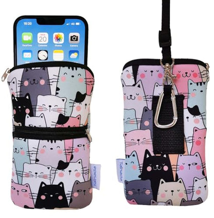 Tainada 2-Zip Neck Phone Pocket Bag w/Belt Loop (Doodle Cats Style 1) | For Men/Women; Water-resistant neoprene pouch, shockproof, lightweight, w/carabiner; Compatible with most of smartphones - color: Doodle Cats Style 1