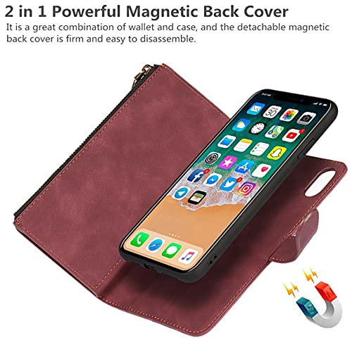 iCoverCase for iPhone X/XS Wallet Case with Card Holder and Wrist Strap, PU Leather Kickstand Card Slots Zipper Pocket Magnetic [Detachable] Flip Cover Case 5.8 Inch (Claret) - color: Claret