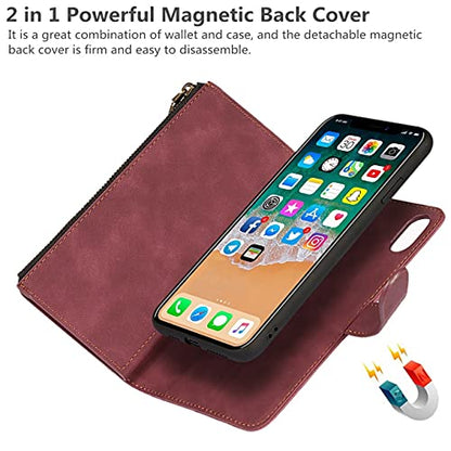 iCoverCase for iPhone X/XS Wallet Case with Card Holder and Wrist Strap, PU Leather Kickstand Card Slots Zipper Pocket Magnetic [Detachable] Flip Cover Case 5.8 Inch (Claret) - color: Claret