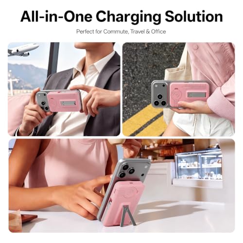 Q Magnetic Wireless Portable Charger 10,000mAh, Travel Essentials Power Bank with Built-in Cables & Foldable Stand, External Battery Pack Compatible with iPhone 17/16/15/14/13/12, Apple Watch - color: Pink