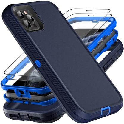 YKHJKLEC for iPhone 11 Pro Max Case, Military Grade 3 in 1 Heavy Duty Shockproof/Drop Proof/Dust Proof Case with 2Pcs Tempered Glass Screen Protector (Navy Blue) - color: Navy Blue