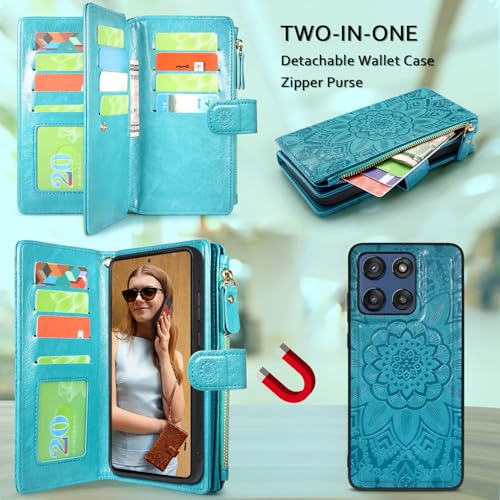 Harryshell Detachable Wallet Leather Case Compatible with Motorola Moto G Stylus 5G 2025/2026 Magnetic Phone Case Zipper with Cash Coin Pocket Multi Card Slots Holder Wrist Strap (Flower Blue Green) - color: Flower Blue Green, size: Moto G Stylus 5G 2025