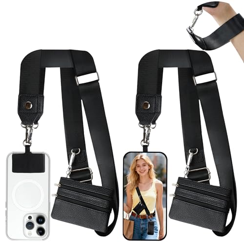 2pcs Clip and Go Strap for Phone with Wallet Crossbody Strap with Pouch - color: 2 Black