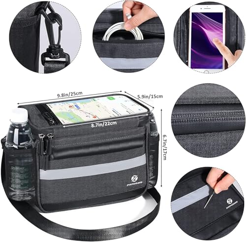 Bike Handlebar Bag, 6L Phone Cycling Mount Front Bags with TPU Touch Screen Phone Holder, Water Resistant Bicycle Storage Bag Bicycle Basket with Reflective strip for Bike Scooter E-bike
