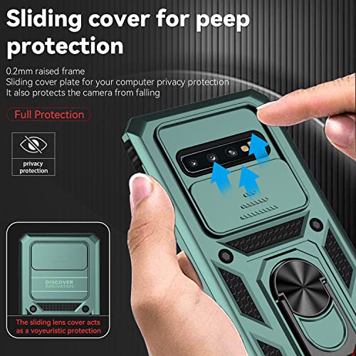 for Samsung Galaxy S10 Plus Case with Camera Lens Cover HD Screen Protector, Military-Grade Drop Tested Magnetic Ring Holder Kickstand Protective Phone Case for Samsung Galaxy S10+ Plus (Dark Green) - color: Dark Green with camera cover Military-Grade