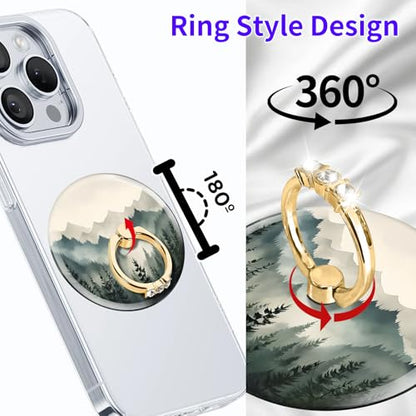Magnetic Phone Ring Holder Compatible with MagSafe, Cute Phone Grip Stand with 360° Rotation Gold Glitter Finger Ring Kickstand Accessories for Most Phones Green Cute Mountain